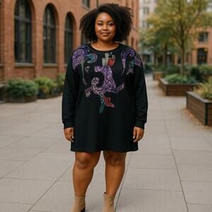 Vintage Faucetti Black Sweater Dress Purple Sequin Abstract Design Size 26/28